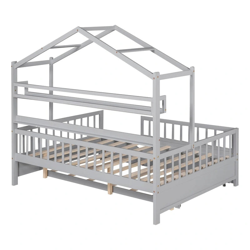 Lit cabane créatif en bois de taille double avec lit gigogne double et étagère de rangement, lit avec garde-corps pleine longueur pour enfants et adolescents
