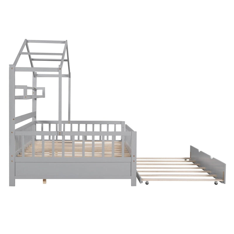 Lit cabane créatif en bois de taille double avec lit gigogne double et étagère de rangement, lit avec garde-corps pleine longueur pour enfants et adolescents