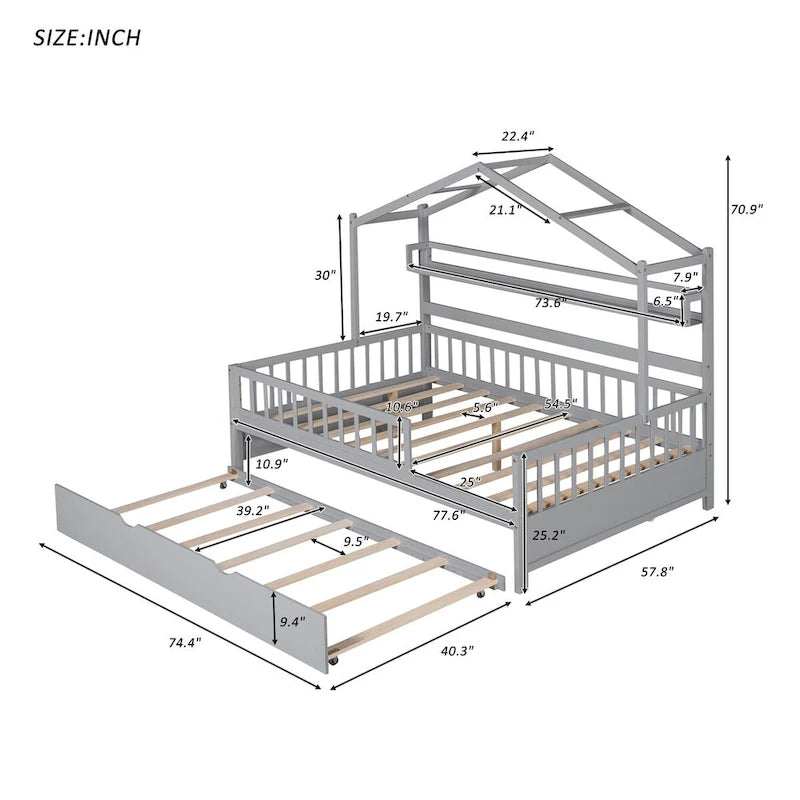 Lit cabane créatif en bois de taille double avec lit gigogne double et étagère de rangement, lit avec garde-corps pleine longueur pour enfants et adolescents