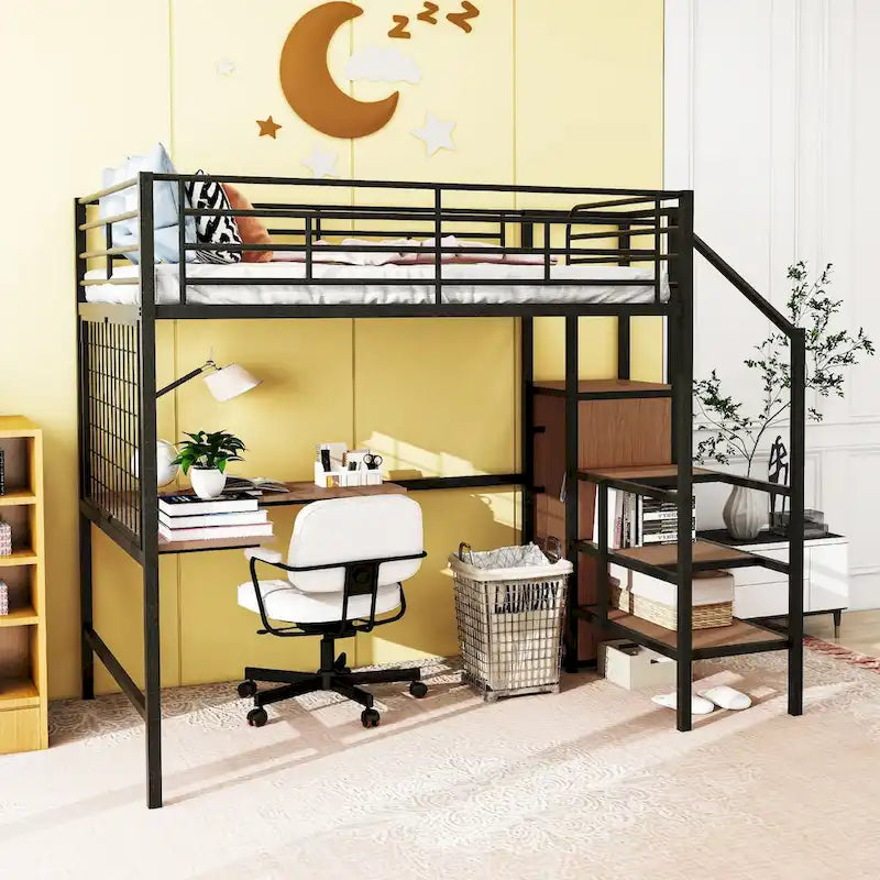 Lit mezzanine métallique pleine grandeur avec bureau et grille métallique, lit à cadre métallique élégant avec échelle de rangement latérale et armoire