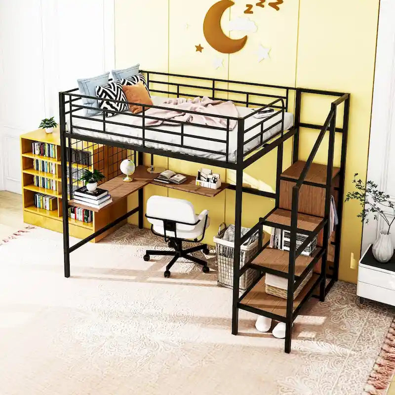 Lit mezzanine métallique pleine grandeur avec bureau et grille métallique, lit à cadre métallique élégant avec échelle de rangement latérale et armoire