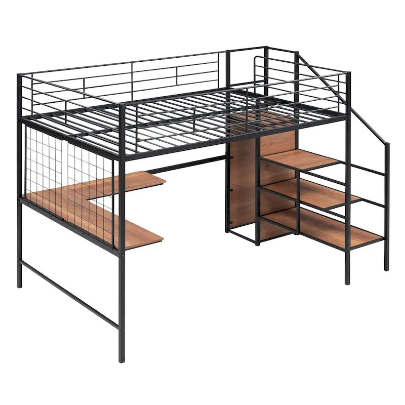 Lit mezzanine métallique pleine grandeur avec bureau et grille métallique, lit à cadre métallique élégant avec échelle de rangement latérale et armoire