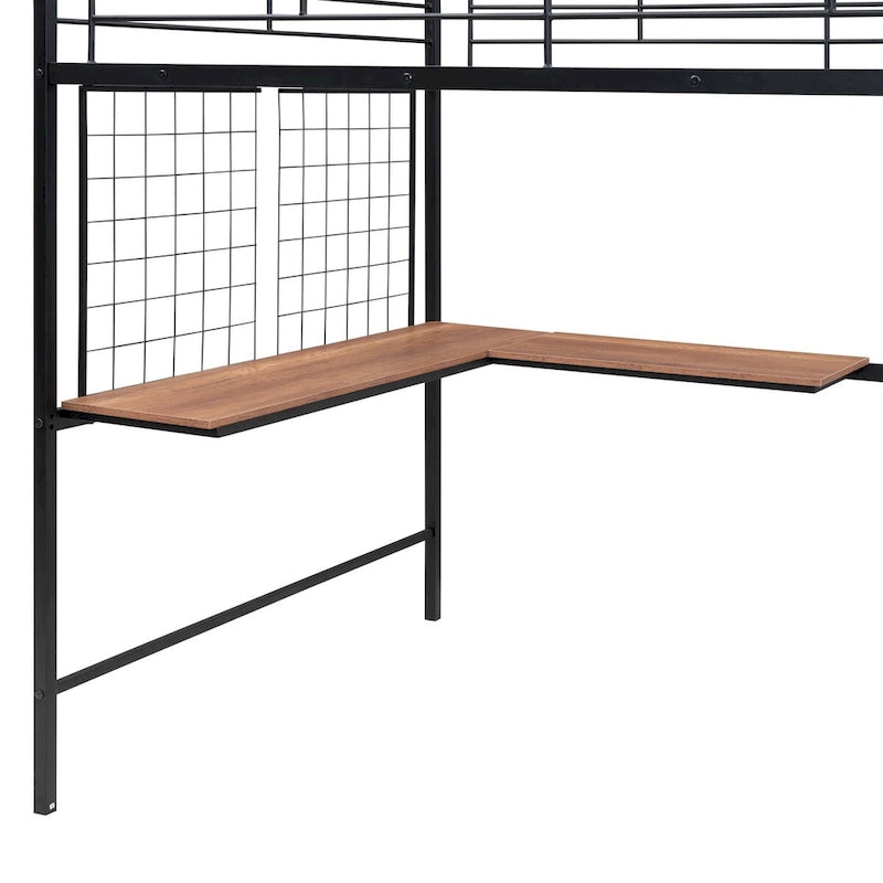 Lit mezzanine métallique pleine grandeur avec bureau et grille métallique, lit à cadre métallique élégant avec échelle de rangement latérale et armoire