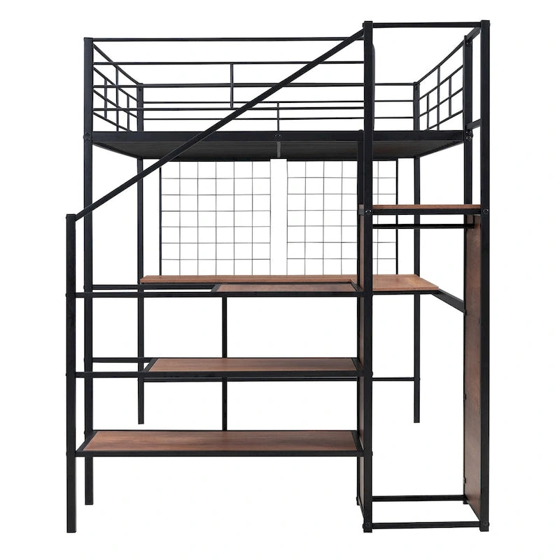 Lit mezzanine métallique pleine grandeur avec bureau et grille métallique, lit à cadre métallique élégant avec échelle de rangement latérale et armoire