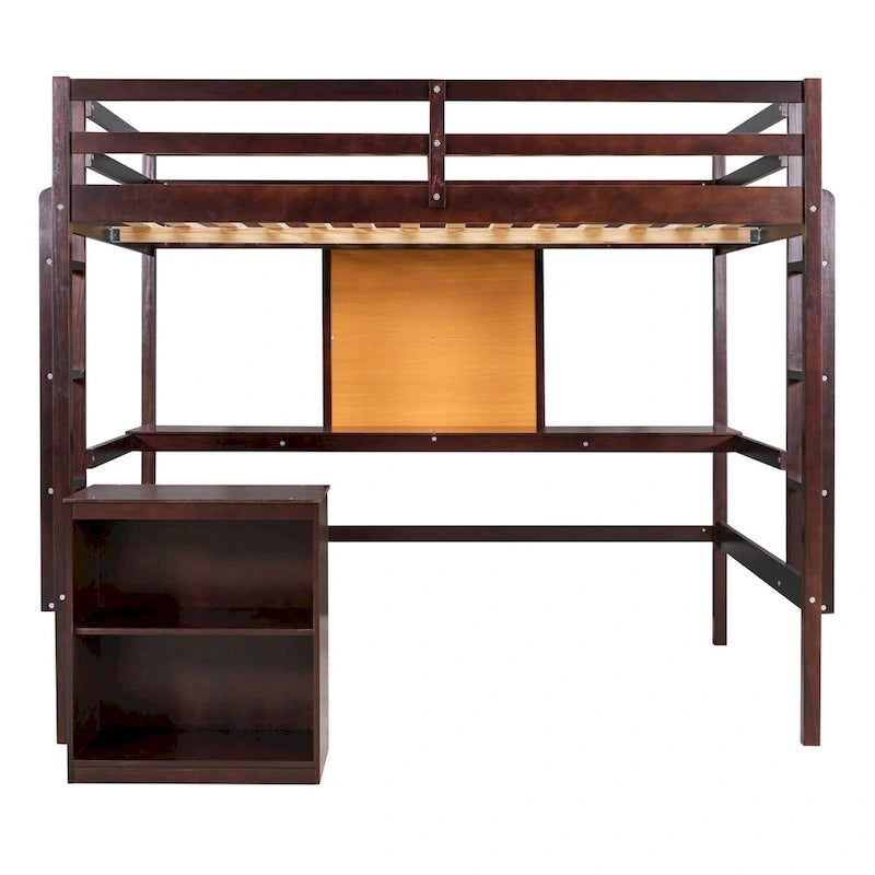 Full Size Wooden Loft Bed with Desk and Writing Board & 2 Drawers Cabinet