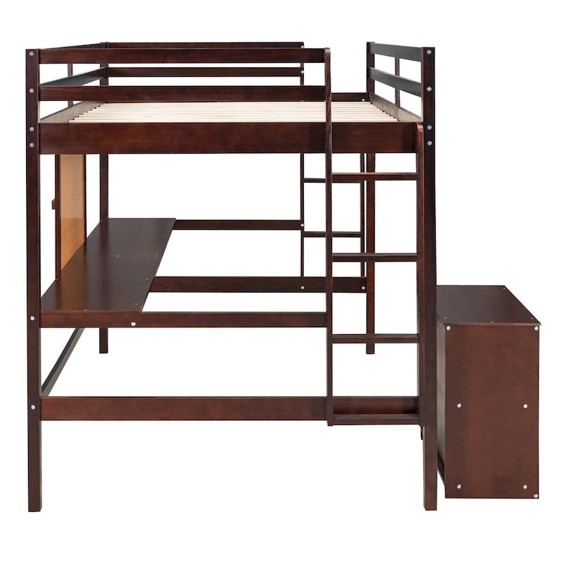 Lit mezzanine double en bois avec bureau, tableau blanc et armoire à 2 tiroirs
