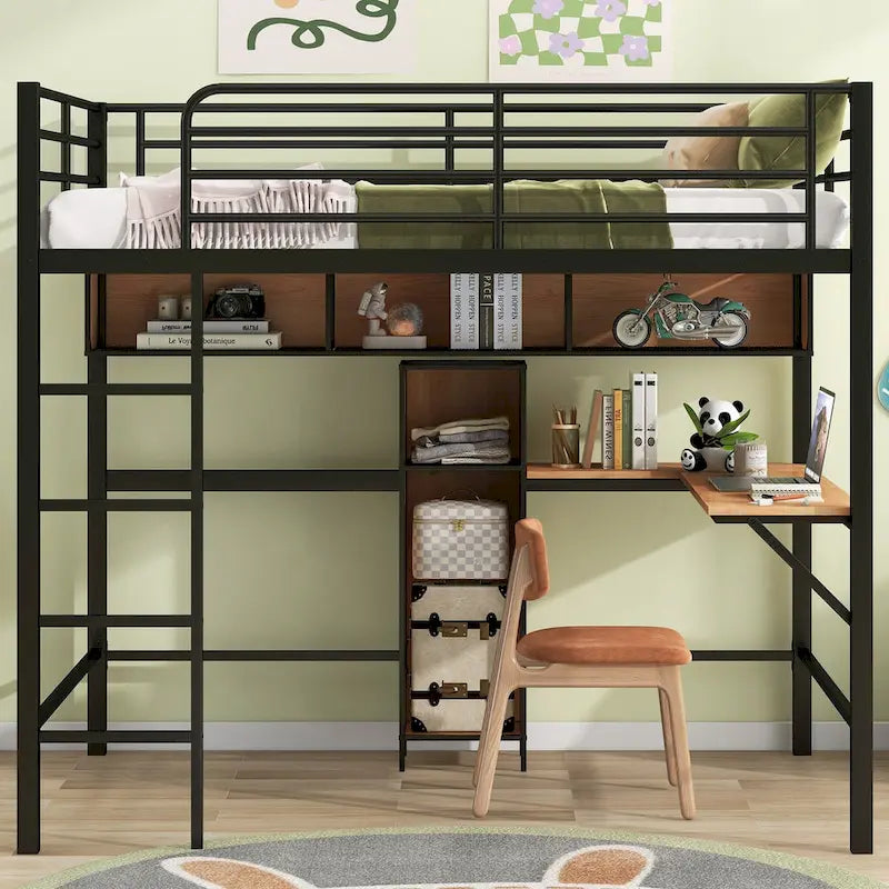 Lit mezzanine double avec bureau en L et étagères de rangement, lit mezzanine double en métal avec barrière de sécurité haute et échelle