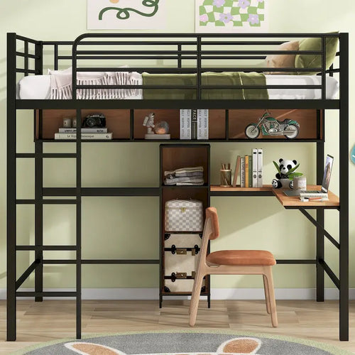 Lit mezzanine double avec bureau en L et étagères de rangement, lit mezzanine double en métal avec barrière de sécurité haute et échelle