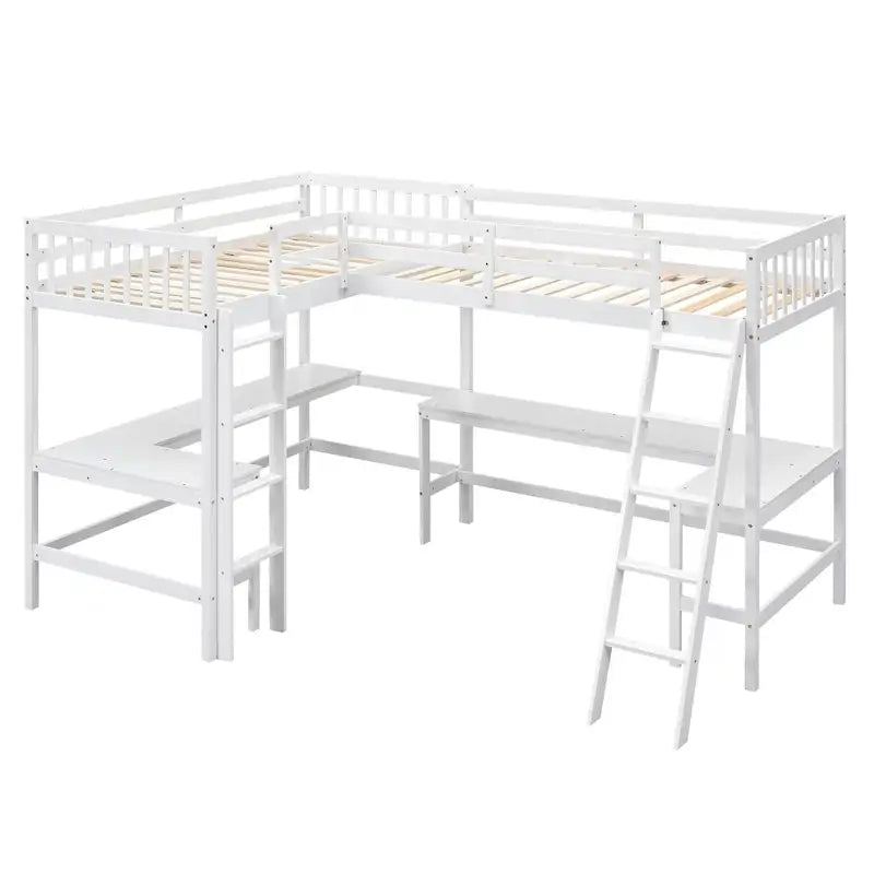 Lit mezzanine en bois en forme de L, double, avec échelle et 2 bureaux intégrés en forme de L