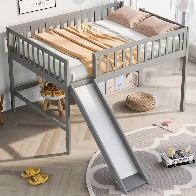 Lit mezzanine simple en bois massif avec échelle et toboggan