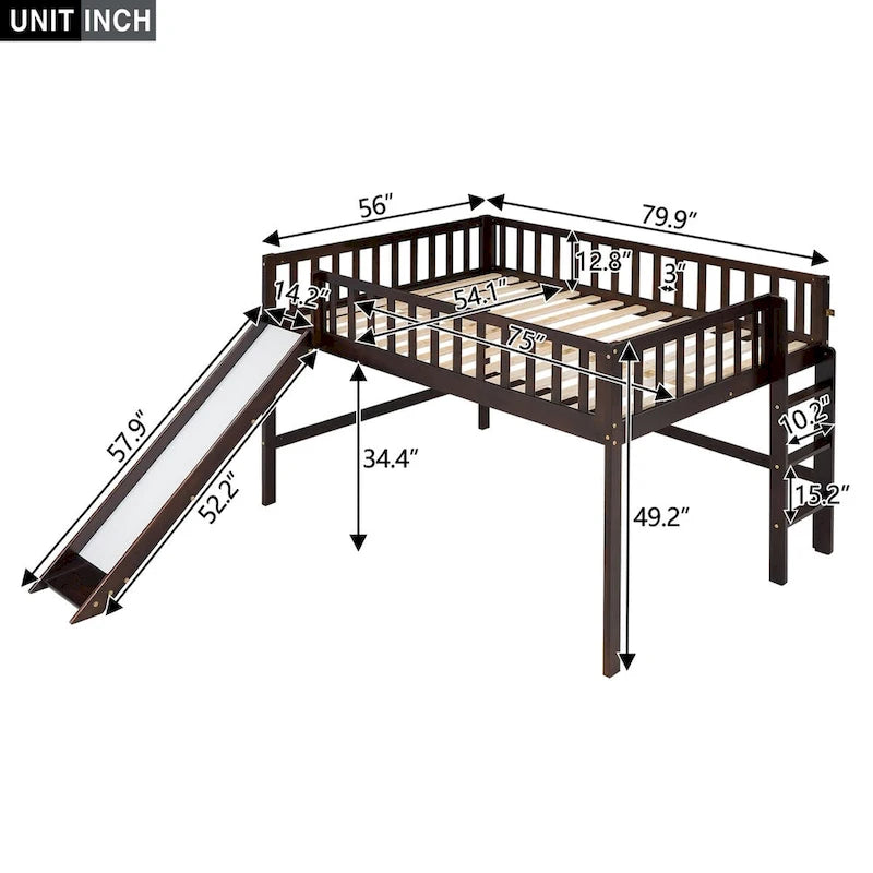 Lit mezzanine simple en bois massif avec échelle et toboggan
