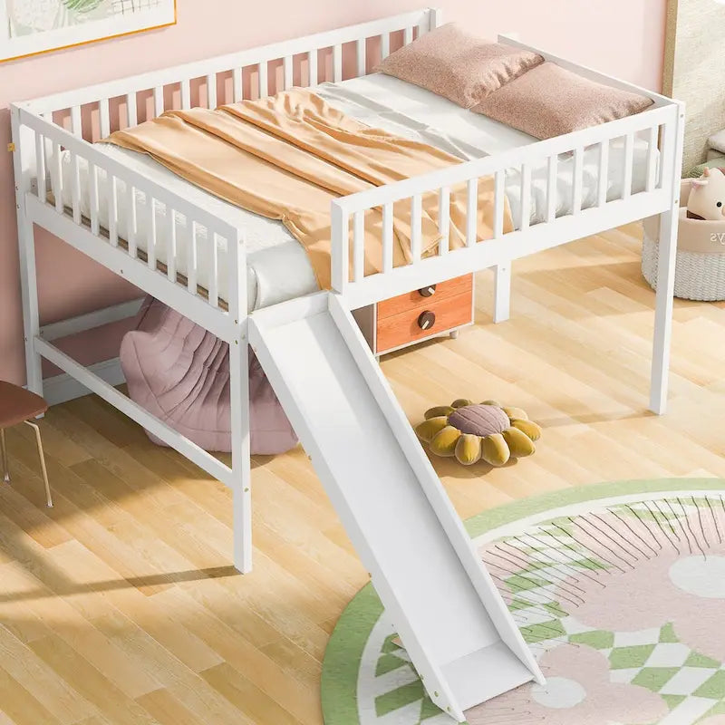 Lit mezzanine simple en bois massif avec échelle et toboggan