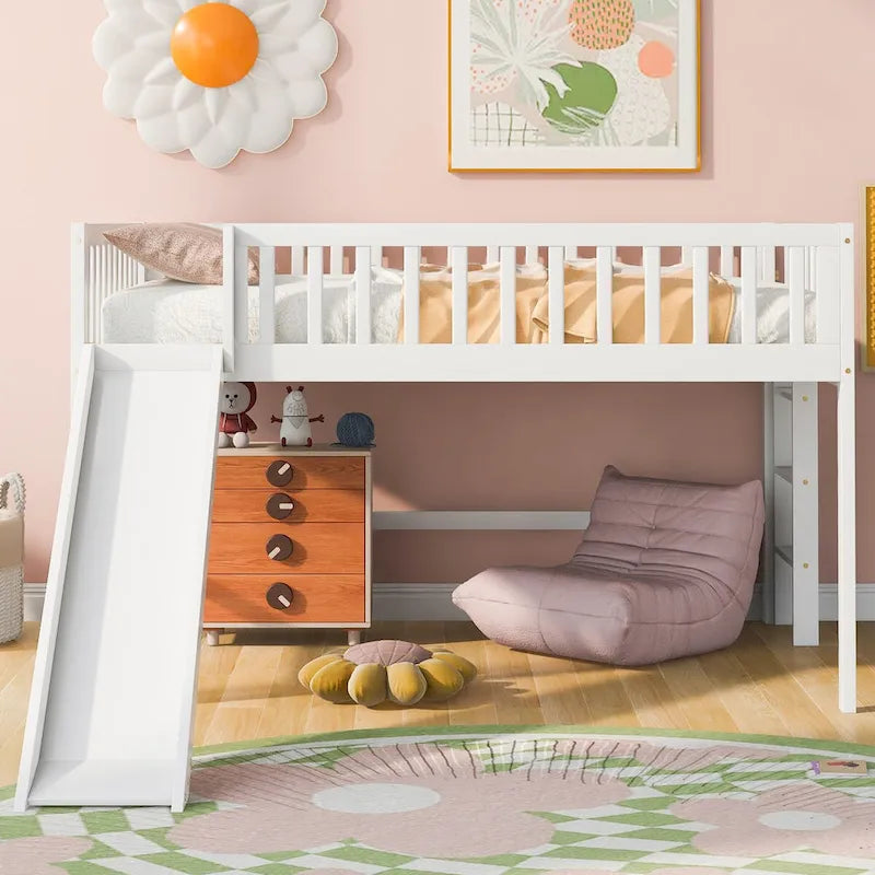 Lit mezzanine simple en bois massif avec échelle et toboggan