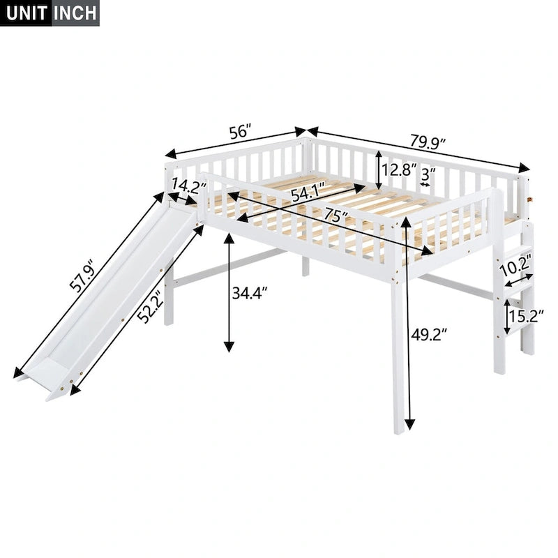 Lit mezzanine simple en bois massif avec échelle et toboggan