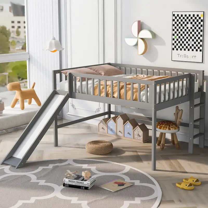 Lit mezzanine simple en bois massif avec échelle et toboggan