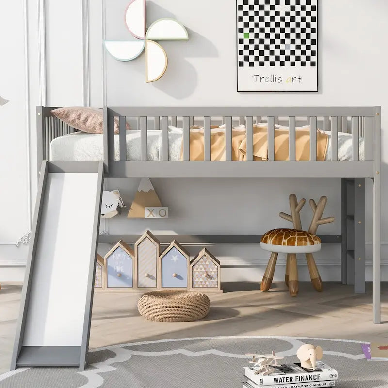 Lit mezzanine simple en bois massif avec échelle et toboggan