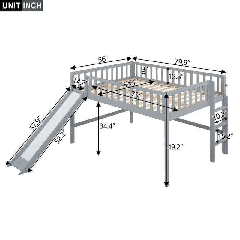 Lit mezzanine simple en bois massif avec échelle et toboggan