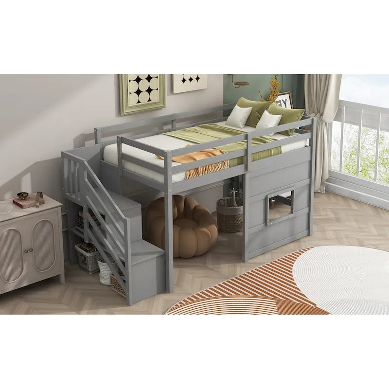 Twin Solid Wood Loft Bed with Storage Staircase