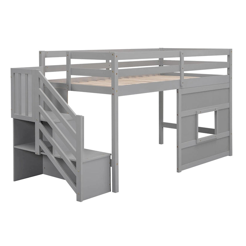 Lit mezzanine en bois massif double avec escalier de rangement