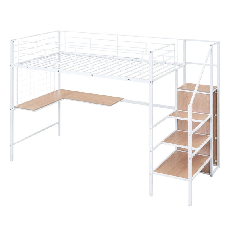 Lit mezzanine en métal pour deux personnes avec bureau et grille métallique, lit élégant avec cadre en métal, échelle de rangement latérale et armoire