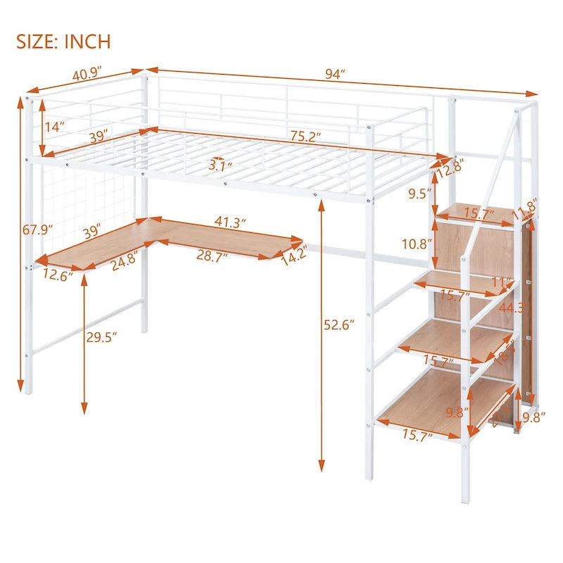 Lit mezzanine en métal pour deux personnes avec bureau et grille métallique, lit élégant avec cadre en métal, échelle de rangement latérale et armoire