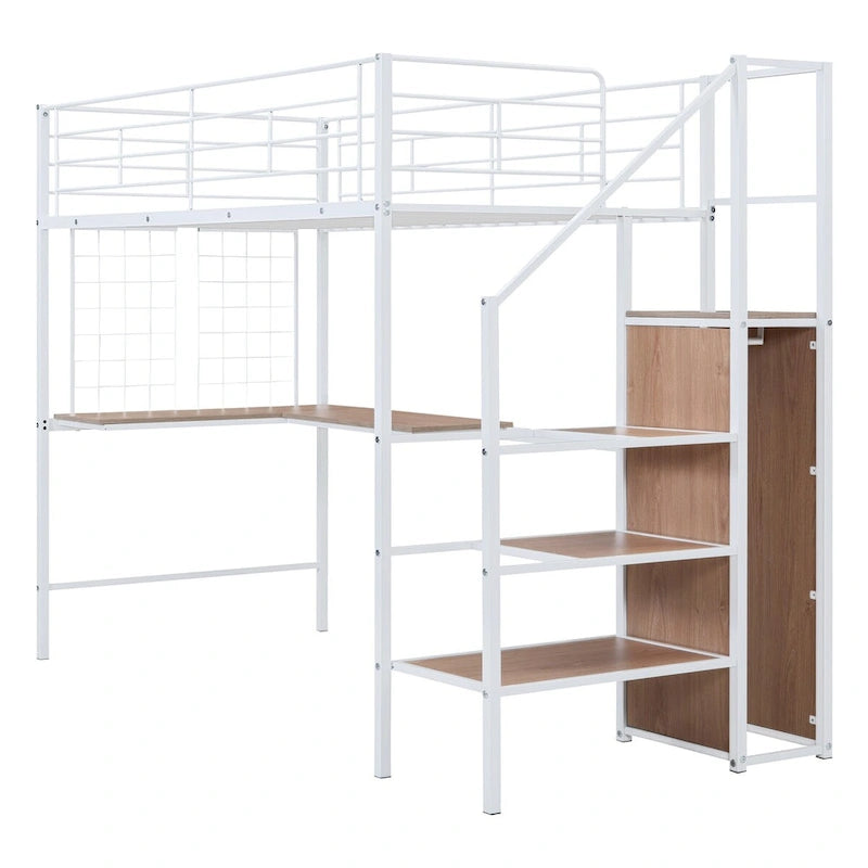 Lit mezzanine en métal pour deux personnes avec bureau et grille métallique, lit élégant avec cadre en métal, échelle de rangement latérale et armoire