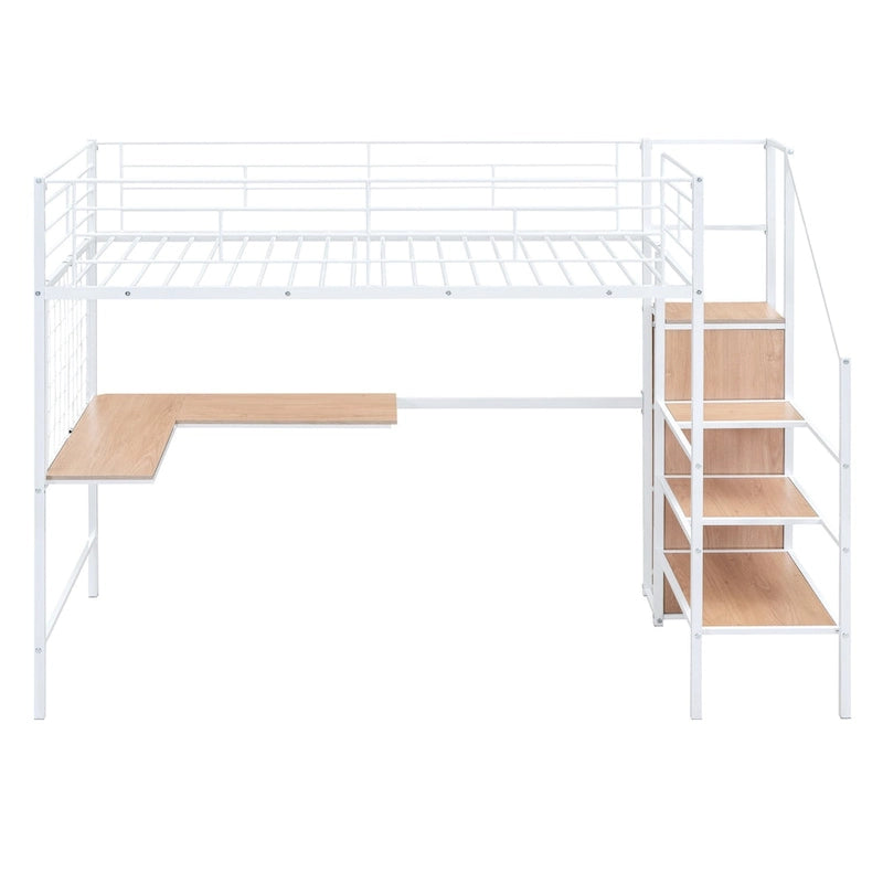 Lit mezzanine en métal pour deux personnes avec bureau et grille métallique, lit élégant avec cadre en métal, échelle de rangement latérale et armoire