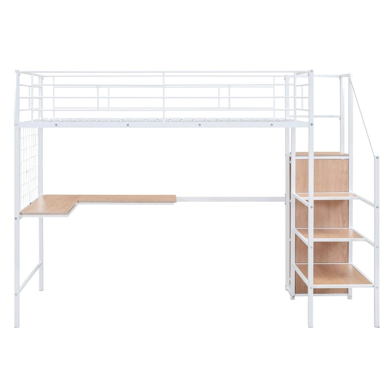 Lit mezzanine en métal pour deux personnes avec bureau et grille métallique, lit élégant avec cadre en métal, échelle de rangement latérale et armoire