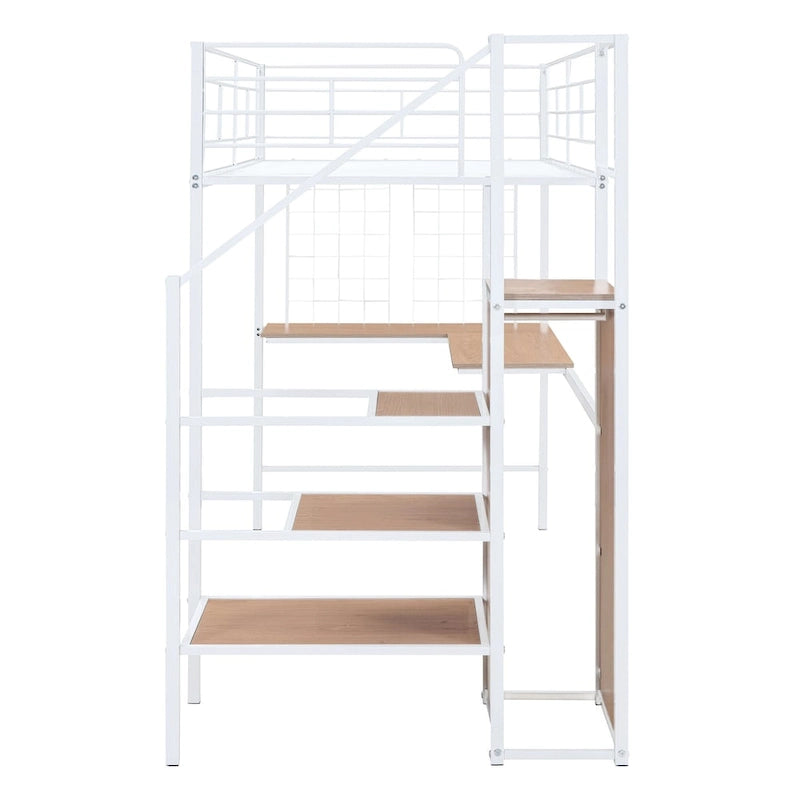 Lit mezzanine en métal pour deux personnes avec bureau et grille métallique, lit élégant avec cadre en métal, échelle de rangement latérale et armoire