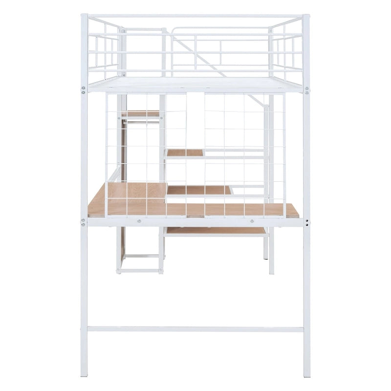 Lit mezzanine en métal pour deux personnes avec bureau et grille métallique, lit élégant avec cadre en métal, échelle de rangement latérale et armoire