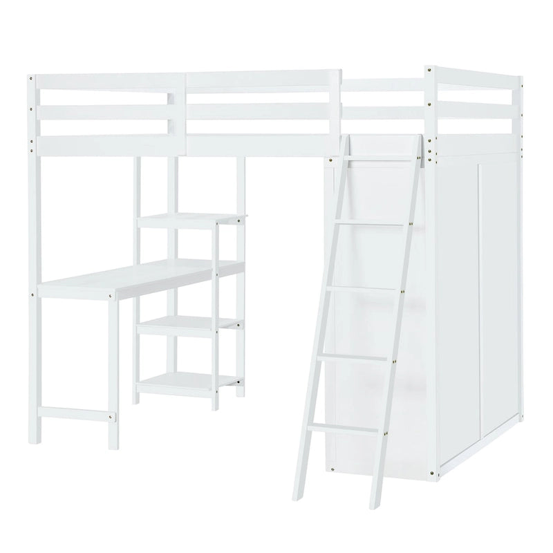 Lit mezzanine pleine grandeur avec armoire, bureau et étagères