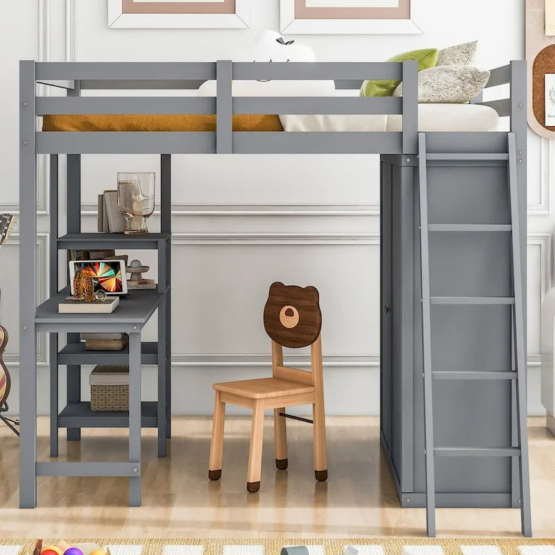 Lit mezzanine pleine grandeur avec armoire, bureau et étagères