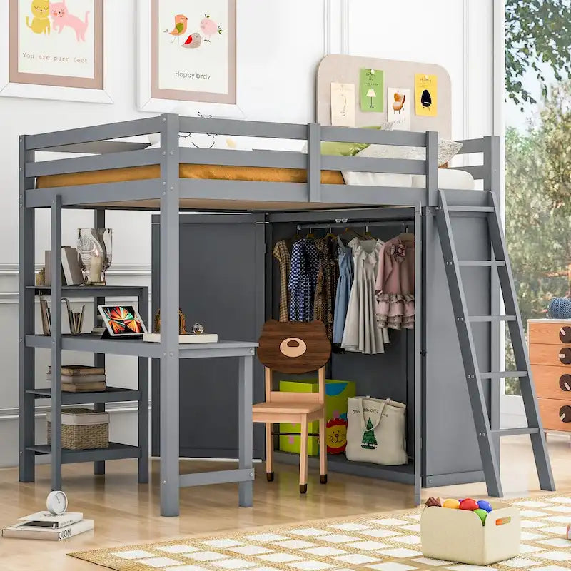 Lit mezzanine pleine grandeur avec armoire, bureau et étagères