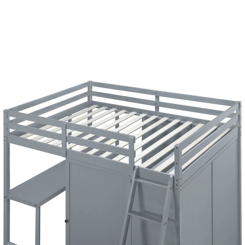 Lit mezzanine pleine grandeur avec armoire, bureau et étagères