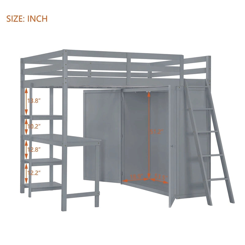 Lit mezzanine pleine grandeur avec armoire, bureau et étagères