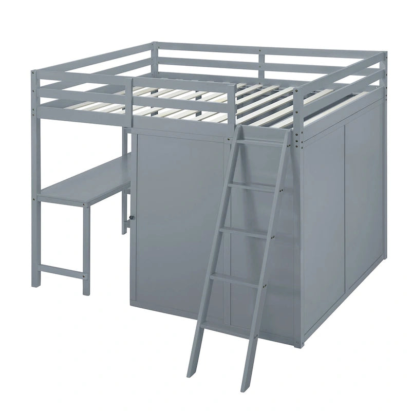 Lit mezzanine pleine grandeur avec armoire, bureau et étagères