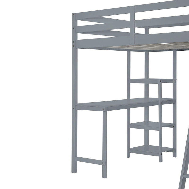 Lit mezzanine pleine grandeur avec armoire, bureau et étagères