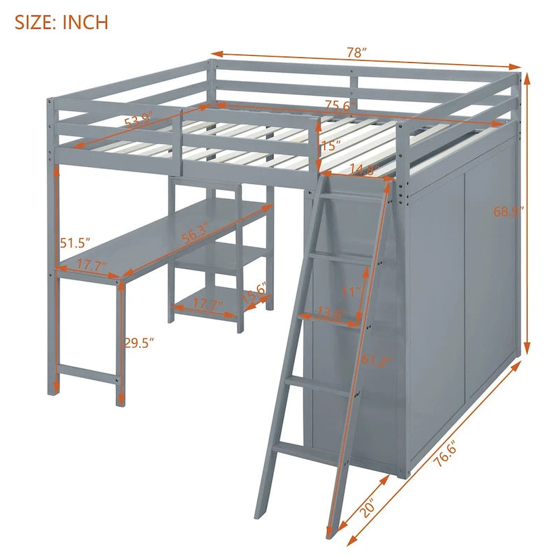 Lit mezzanine pleine grandeur avec armoire, bureau et étagères