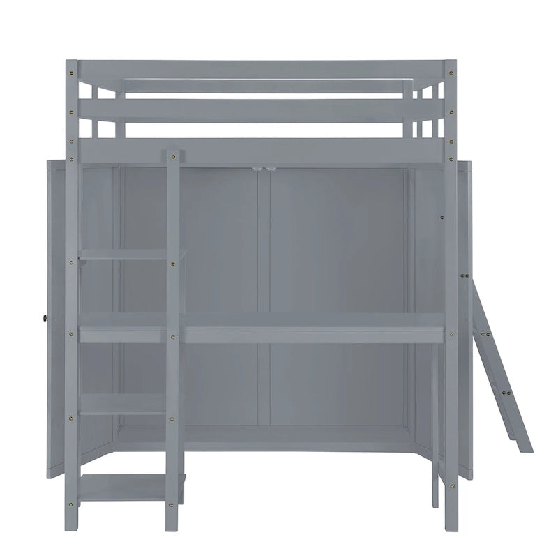 Lit mezzanine pleine grandeur avec armoire, bureau et étagères