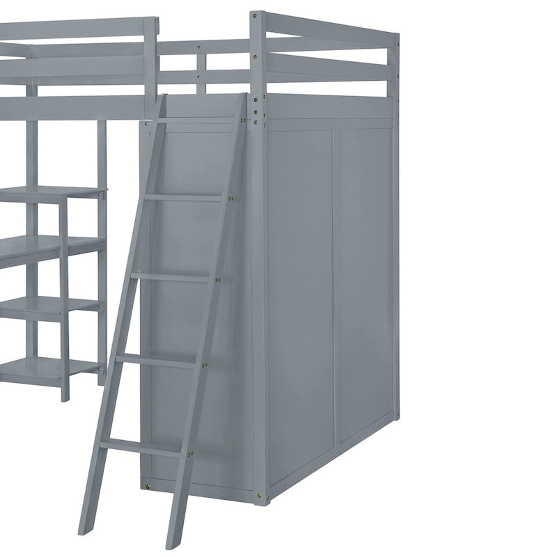 Lit mezzanine pleine grandeur avec armoire, bureau et étagères