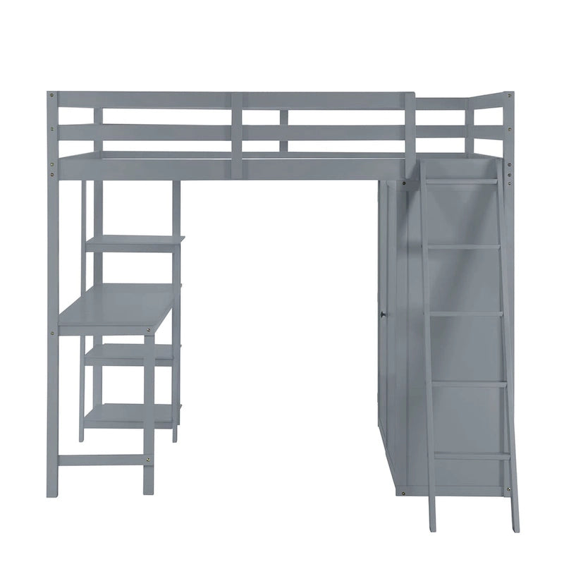 Lit mezzanine pleine grandeur avec armoire, bureau et étagères