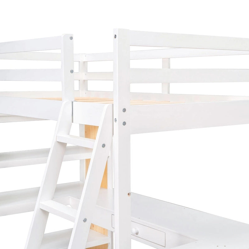 Twin Size Loft Bed with Desk and Drawer, Shelves and Cabinet Underneath, High Loft Bed Twin with Storage for Kids