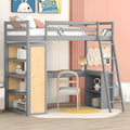 Lit mezzanine double avec bureau et tiroir, étagères et armoire intégrés, lit mezzanine surélevé double avec rangement pour enfants