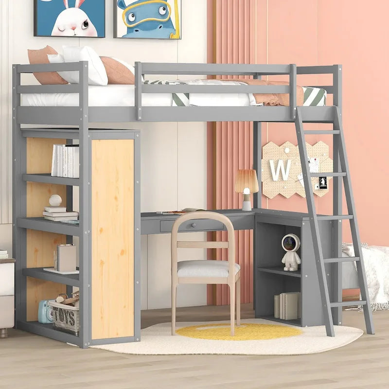 Lit mezzanine double avec bureau et tiroir, étagères et armoire intégrés, lit mezzanine surélevé double avec rangement pour enfants