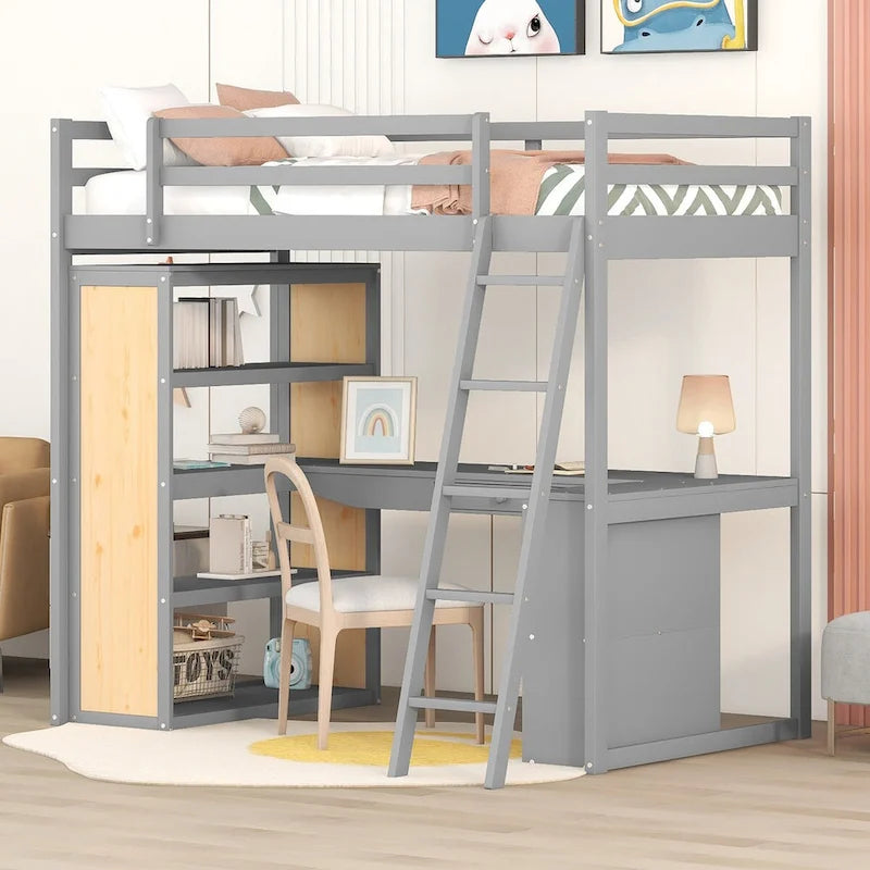 Lit mezzanine double avec bureau et tiroir, étagères et armoire intégrés, lit mezzanine surélevé double avec rangement pour enfants