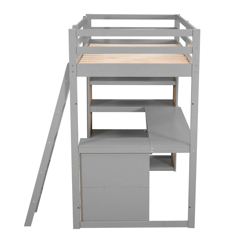 Lit mezzanine double avec bureau et tiroir, étagères et armoire intégrés, lit mezzanine surélevé double avec rangement pour enfants
