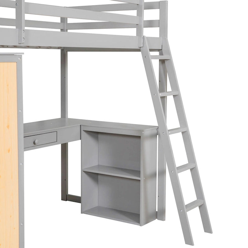 Lit mezzanine double avec bureau et tiroir, étagères et armoire intégrés, lit mezzanine surélevé double avec rangement pour enfants