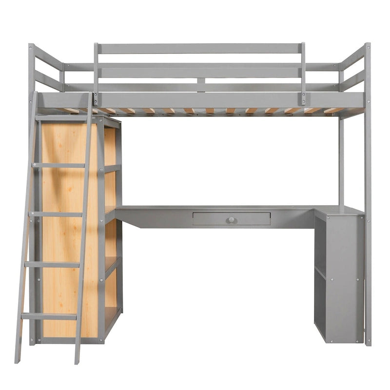 Lit mezzanine double avec bureau et tiroir, étagères et armoire intégrés, lit mezzanine surélevé double avec rangement pour enfants