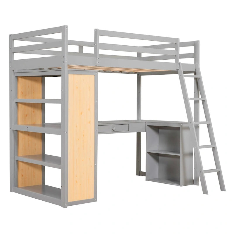 Lit mezzanine double avec bureau et tiroir, étagères et armoire intégrés, lit mezzanine surélevé double avec rangement pour enfants