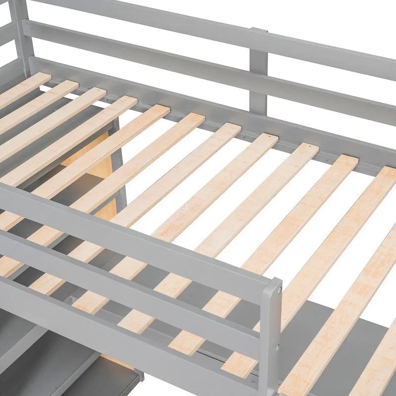 Lit mezzanine double avec bureau et tiroir, étagères et armoire intégrés, lit mezzanine surélevé double avec rangement pour enfants